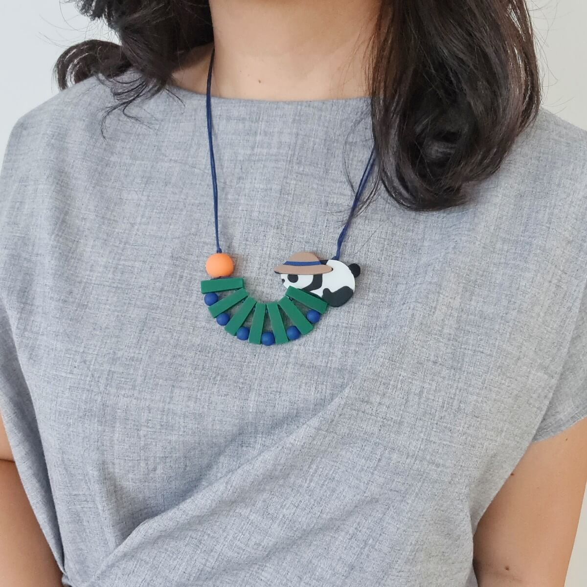 Panda Straw Hat Green Necklace