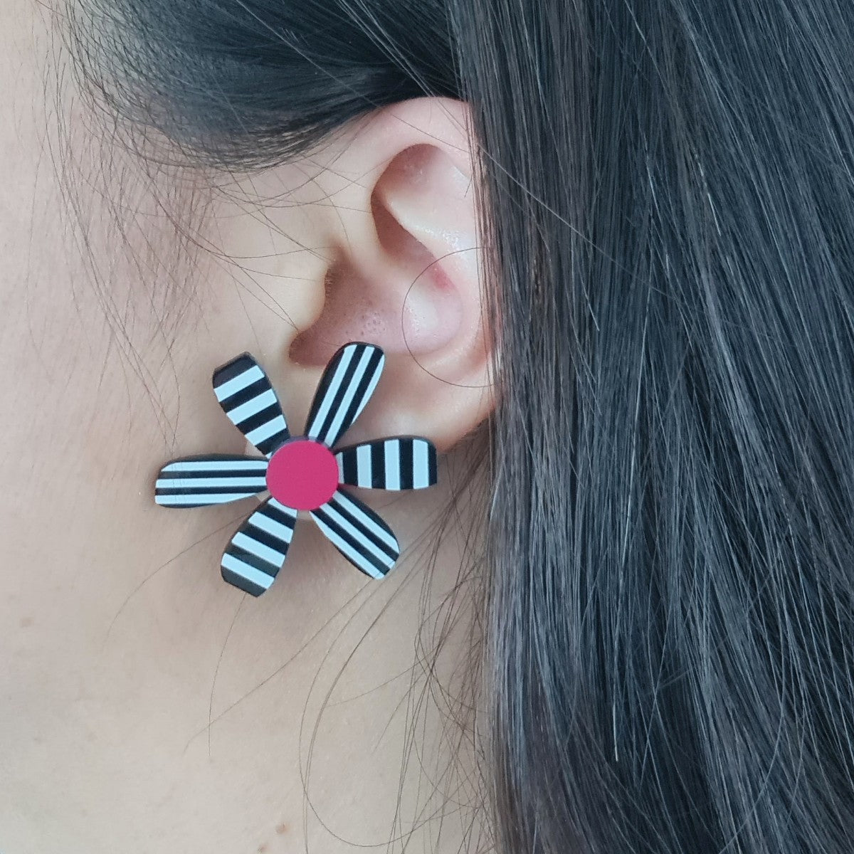 BW Pink Stripes Flower Earrings