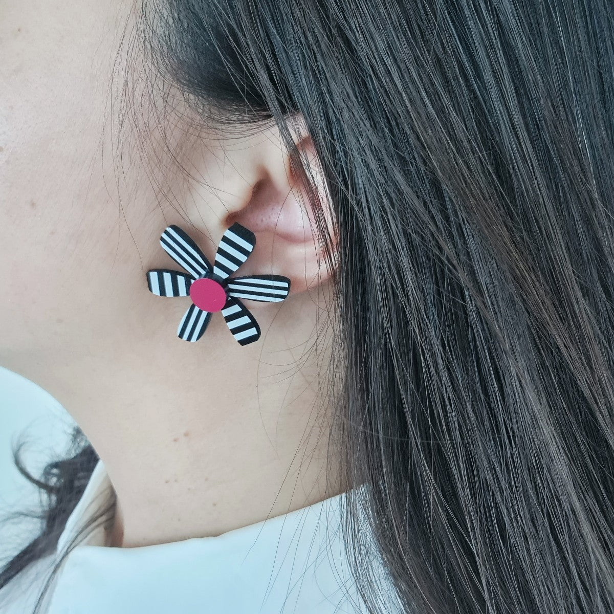 BW Pink Stripes Flower Earrings