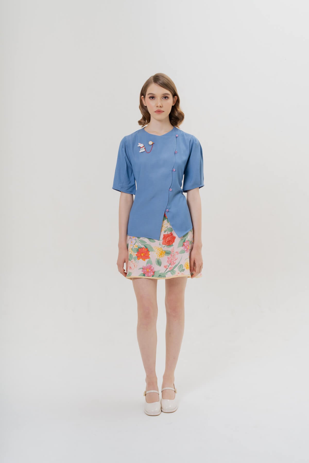 Coney Top (BLUE) & White Rabbit with Clock Brooch