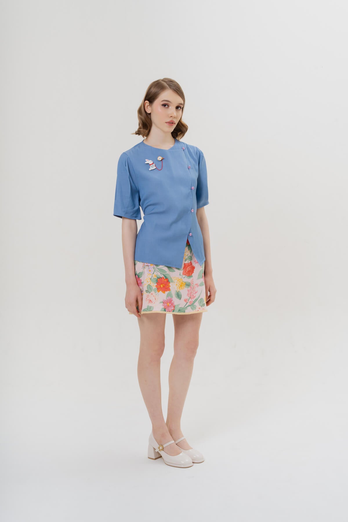 Coney Top (BLUE) & White Rabbit with Clock Brooch