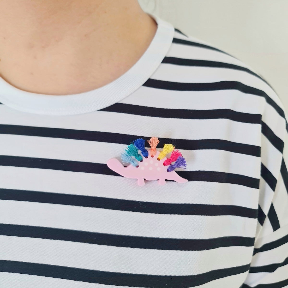Stegosaurus Tassel Pink Dinosaur Brooch