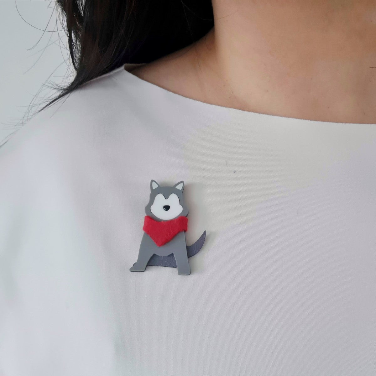 Siberian Husky Grey White Dog Brooch
