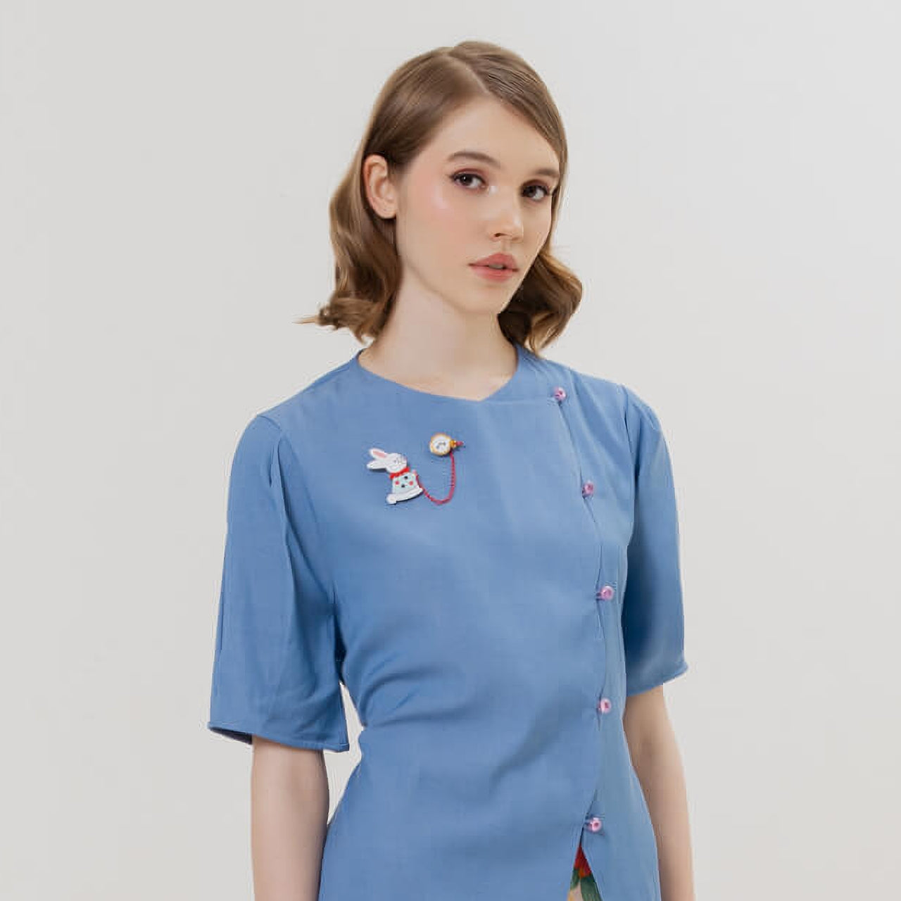 Coney Top (BLUE) & White Rabbit with Clock Brooch
