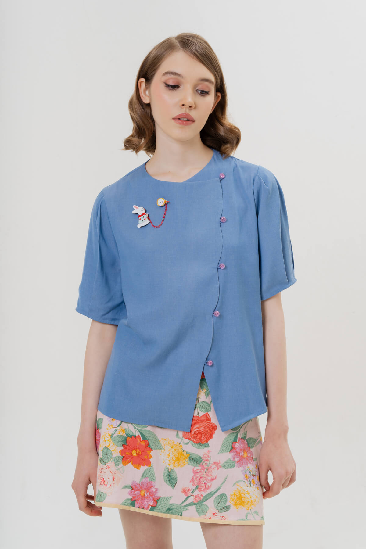 Coney Top (BLUE) & White Rabbit with Clock Brooch