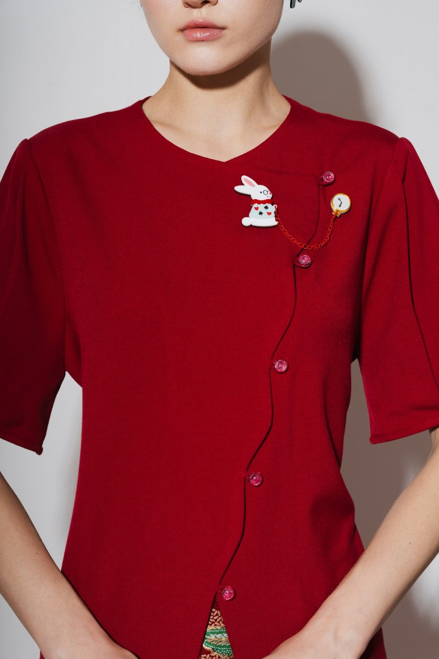 Coney Red Top & White Rabbit with clock brooch